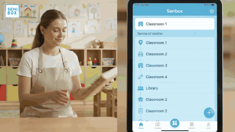 Teacher with SENBOX classroom inventory on a tablet